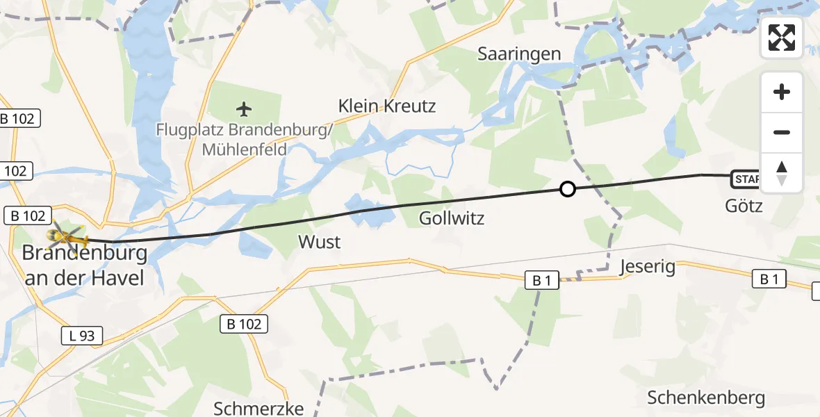 Flugroute Rettungshubschrauber Groß Kreutz (Havel) - Brandenburg an der Havel, 24 April 2026, 14:10