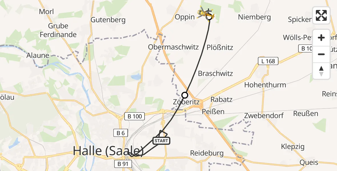 Flugroute Rettungshubschrauber Halle (Saale) - Halle-Oppin Flugplatz, 24 April 2026, 14:18