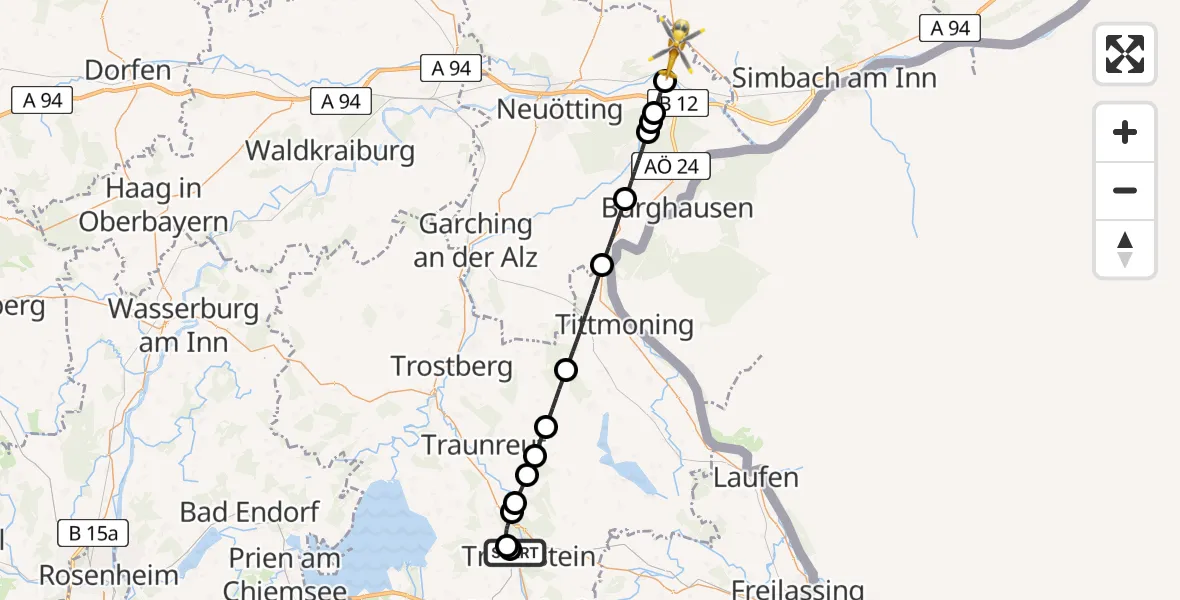 Flugroute Rettungshubschrauber Traunstein Hospital - Marktl, 24 April 2026, 14:20