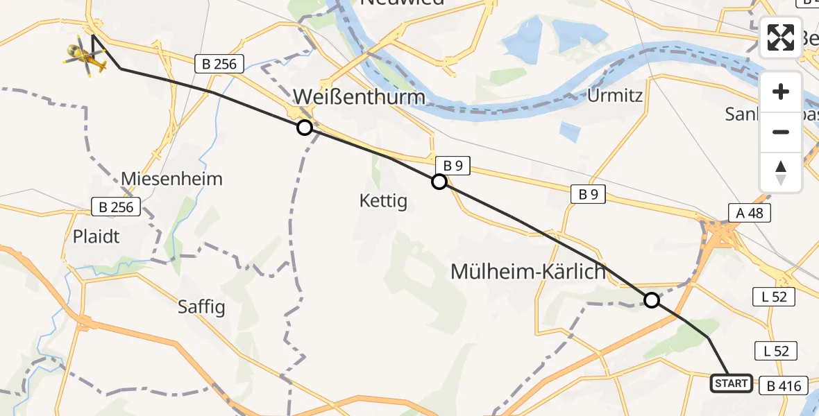 Flugroute Rettungshubschrauber Koblenz - Andernach, 24 April 2026, 14:20
