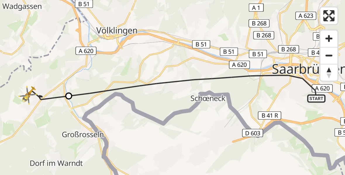 Flugroute Rettungshubschrauber Saarbrücken - Völklingen, 24 April 2026, 14:22