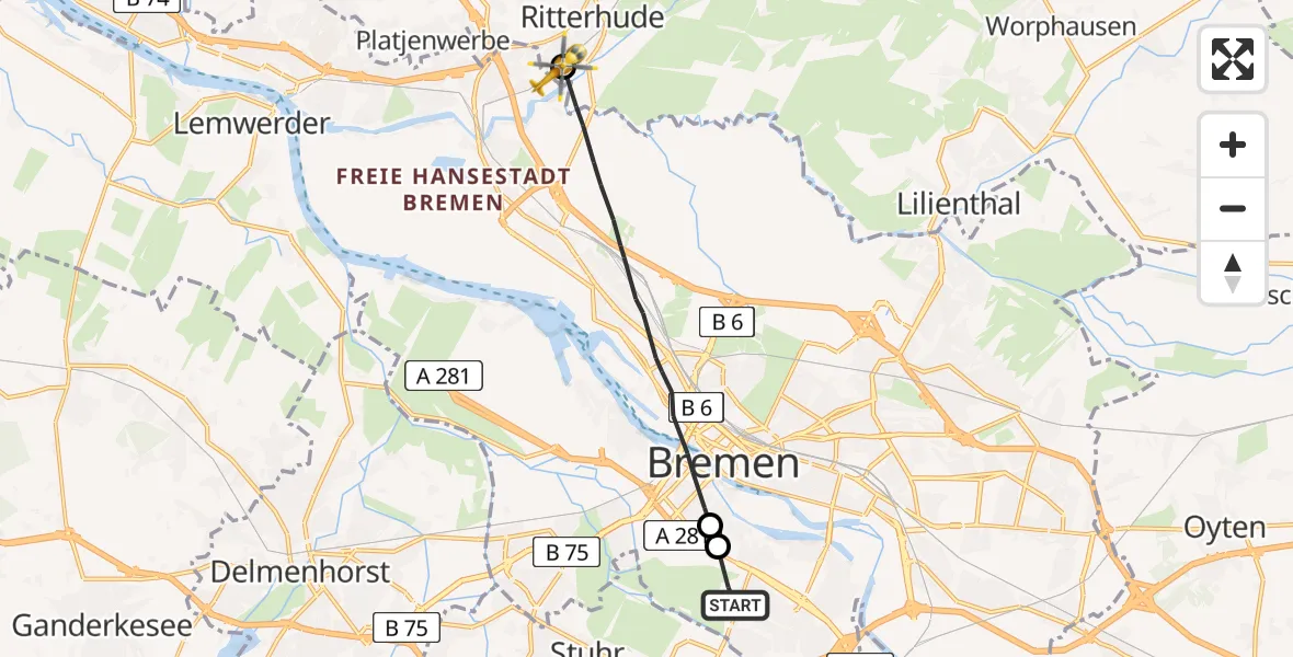 Flugroute Rettungshubschrauber Bremen - Ritterhude, 24 April 2026, 14:23