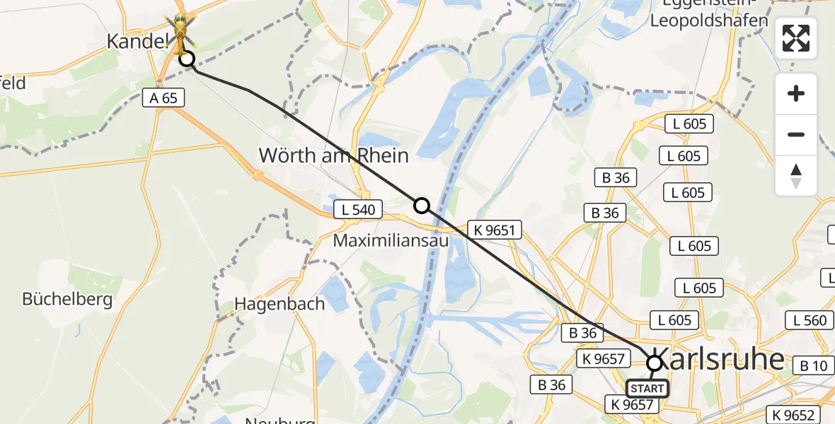 Flugroute Rettungshubschrauber Sankt Vincentius Hospital - Kandel, 24 April 2026, 14:29