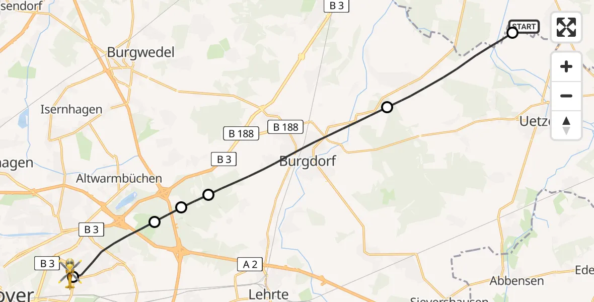 Flugroute Rettungshubschrauber Bröckel - Hannover Luftrettung Hubschrauberlandeplatz (Christoph 4), 24 April 2026, 14:31