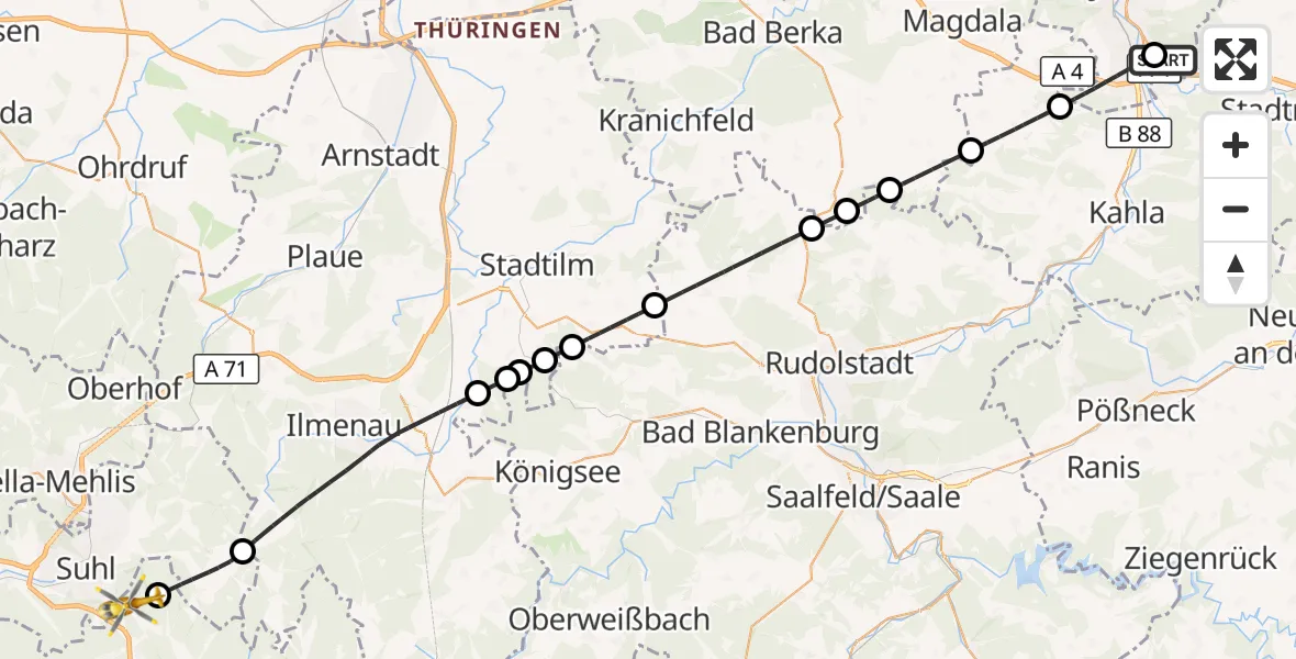 Flugroute Rettungshubschrauber Jena University Hospital - Schleusingen, 24 April 2026, 14:35