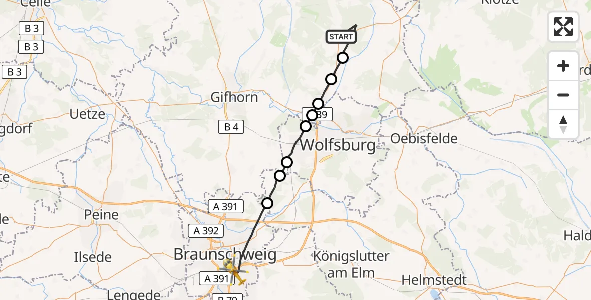 Flugroute Rettungshubschrauber Ehra-Lessien - Braunschweig, 24 April 2026, 14:38