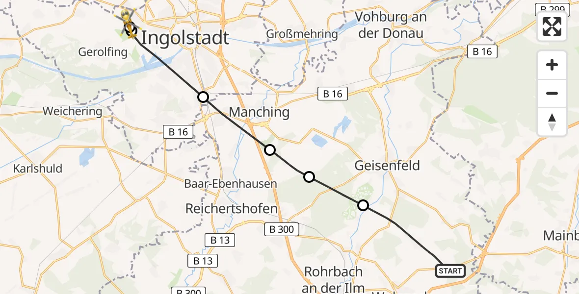 Flugroute Rettungshubschrauber Wolnzach - Ingolstadt Hospital, 24 April 2026, 14:41