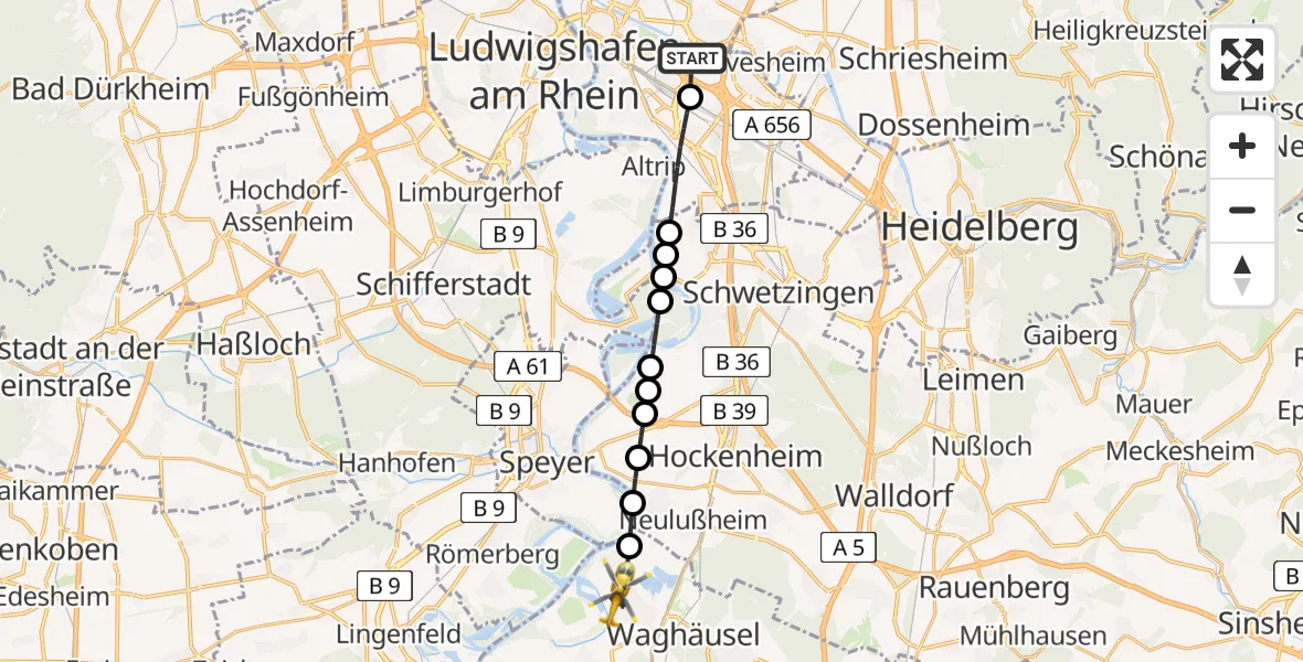 Flugroute Rettungshubschrauber Mannheim-City Flughafen - Oberhausen-Rheinhausen, 24 April 2026, 14:42