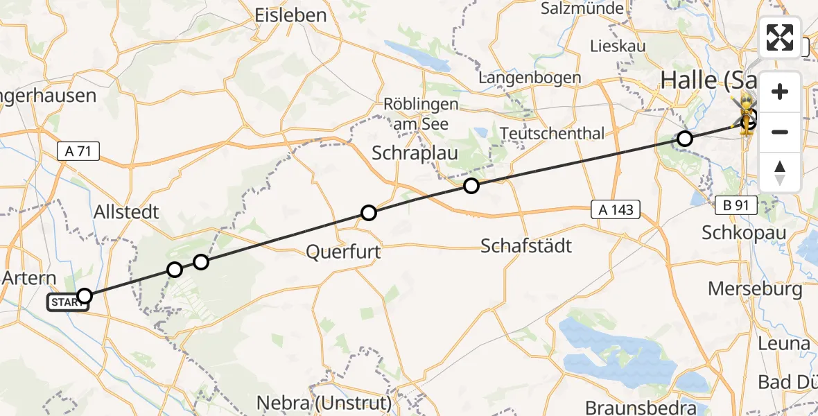 Flugroute Rettungshubschrauber Kalbsrieth - BG Hospital Bergmannstrost Halle, 24 April 2026, 14:48
