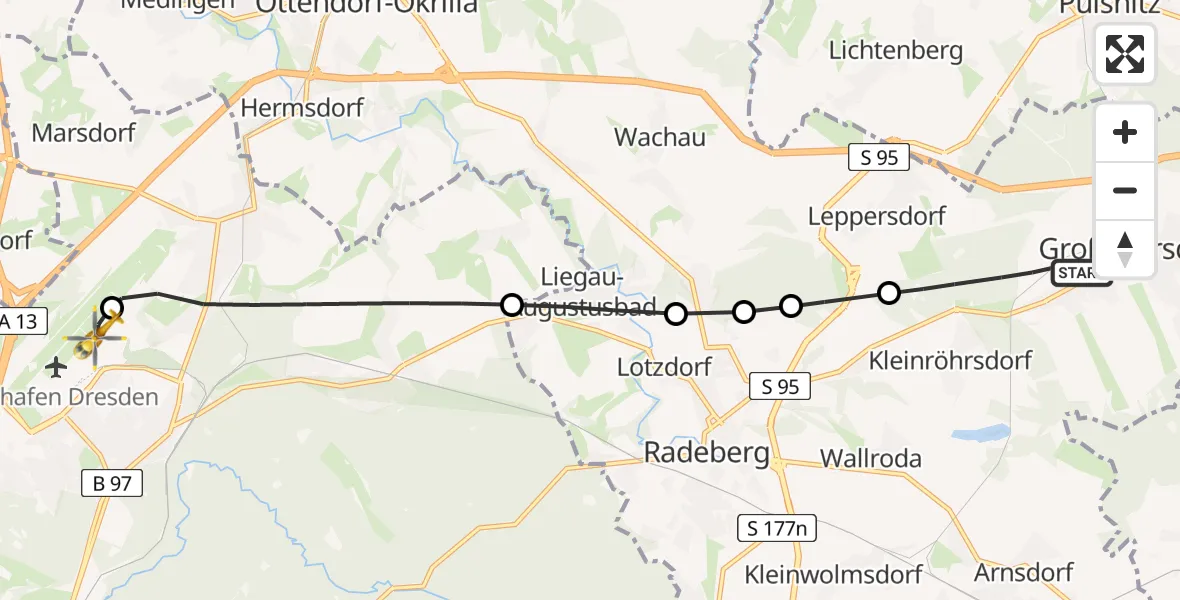 Flugroute Rettungshubschrauber Großröhrsdorf - Dresden Bundespolizei Hubschrauberlandeplatz, 24 April 2026, 14:53
