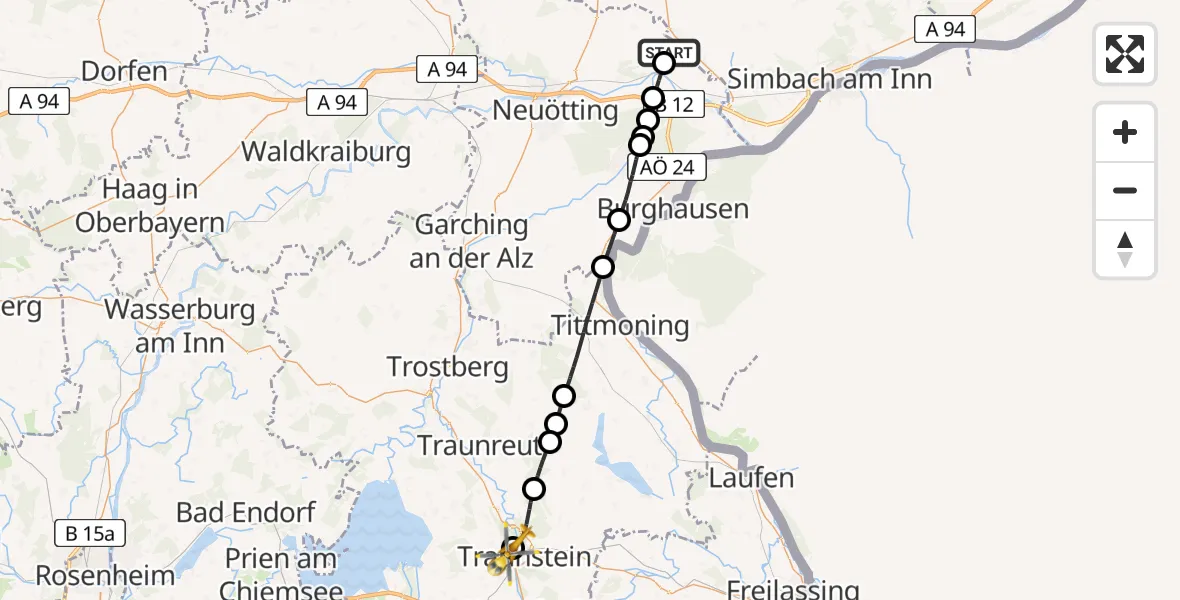 Flugroute Rettungshubschrauber Erlbach - Traunstein Hospital, 24 April 2026, 14:53