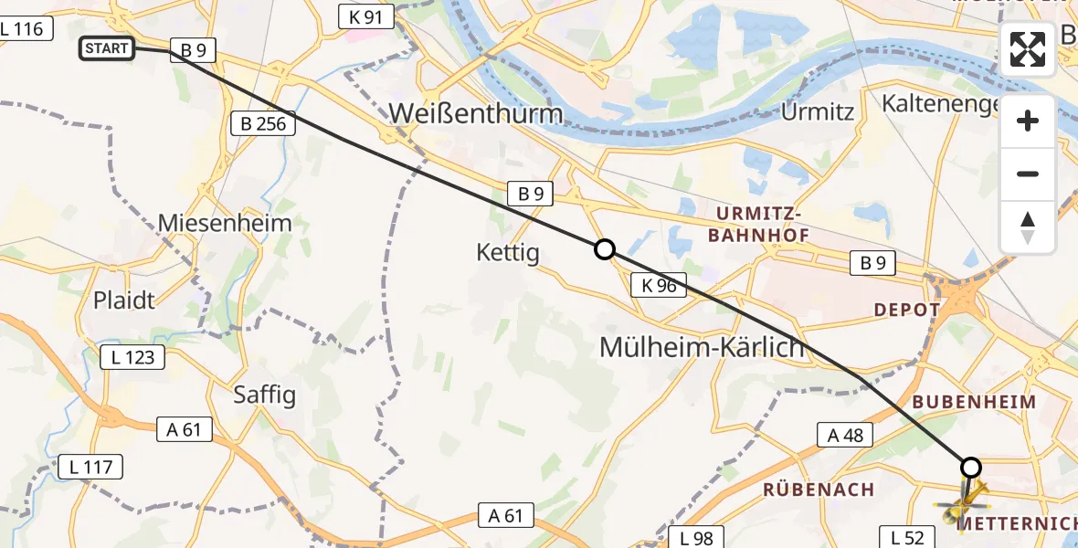 Flugroute Rettungshubschrauber Andernach - Koblenz, 24 April 2026, 14:55