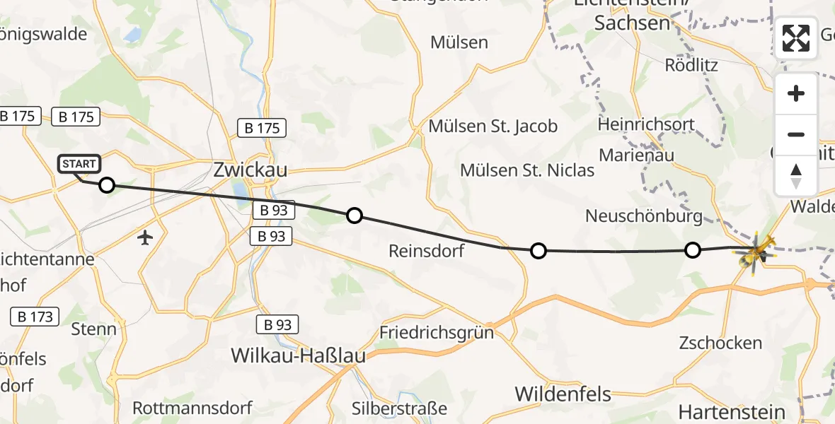 Flugroute Rettungshubschrauber ADAC Air Rescue Station Zwickau Hubschrauberlandeplatz - Hartenstein, 24 April 2026, 14:57