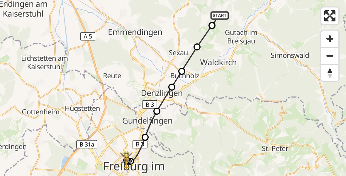 Flugroute Rettungshubschrauber Gutach im Breisgau - Freiburg University Hospital Heliport 1, 24 April 2026, 15:05