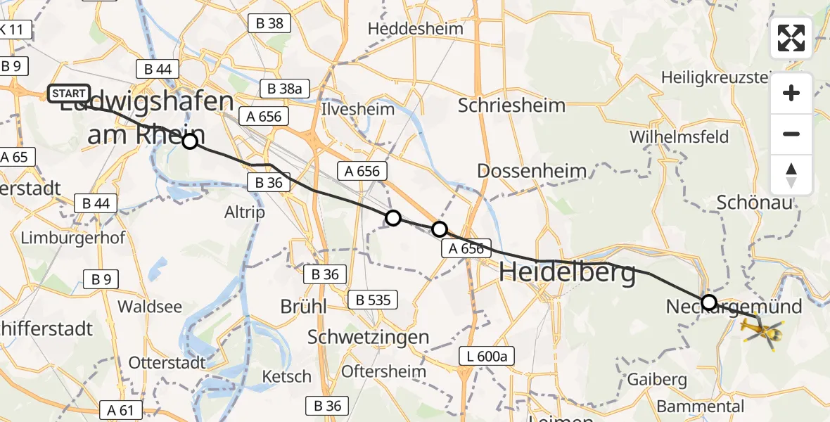 Flugroute Rettungshubschrauber Ludwigshafen am Rhein - Neckargemünd, 24 April 2026, 15:05