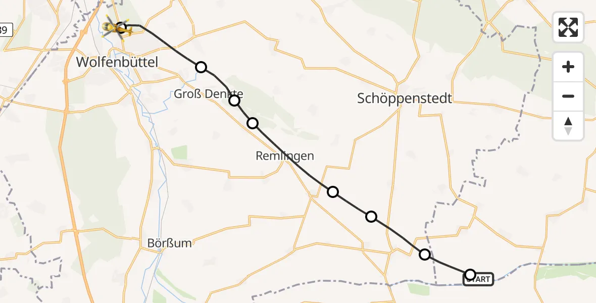 Flugroute Rettungshubschrauber Beierstedt - Wolfenbüttel Municipal Hospital Heliport (Christoph 30), 24 April 2026, 15:07