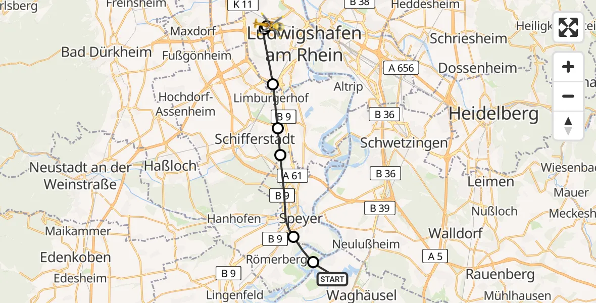 Flugroute Rettungshubschrauber Oberhausen-Rheinhausen - Ludwigshafen Accident Hospital, 24 April 2026, 15:17