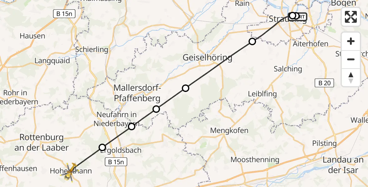 Flugroute Rettungshubschrauber Sankt Elisabeth Hospital Straubing - Hohenthann, 24 April 2026, 15:27
