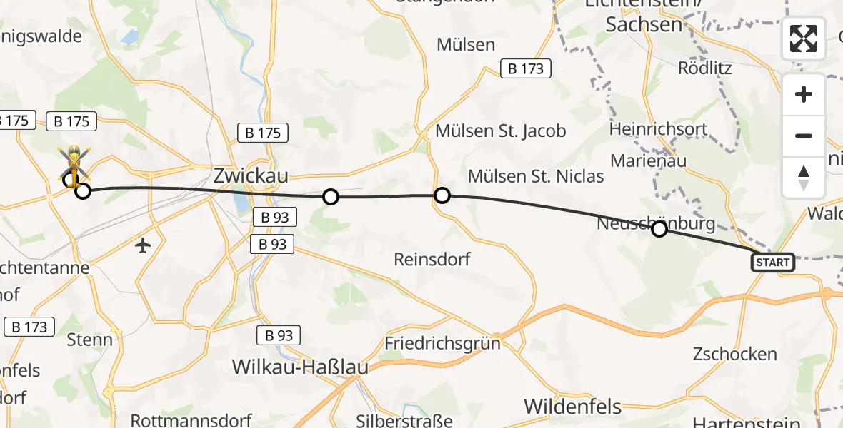 Flugroute Rettungshubschrauber Hartenstein - ADAC Air Rescue Station Zwickau Hubschrauberlandeplatz, 24 April 2026, 15:40