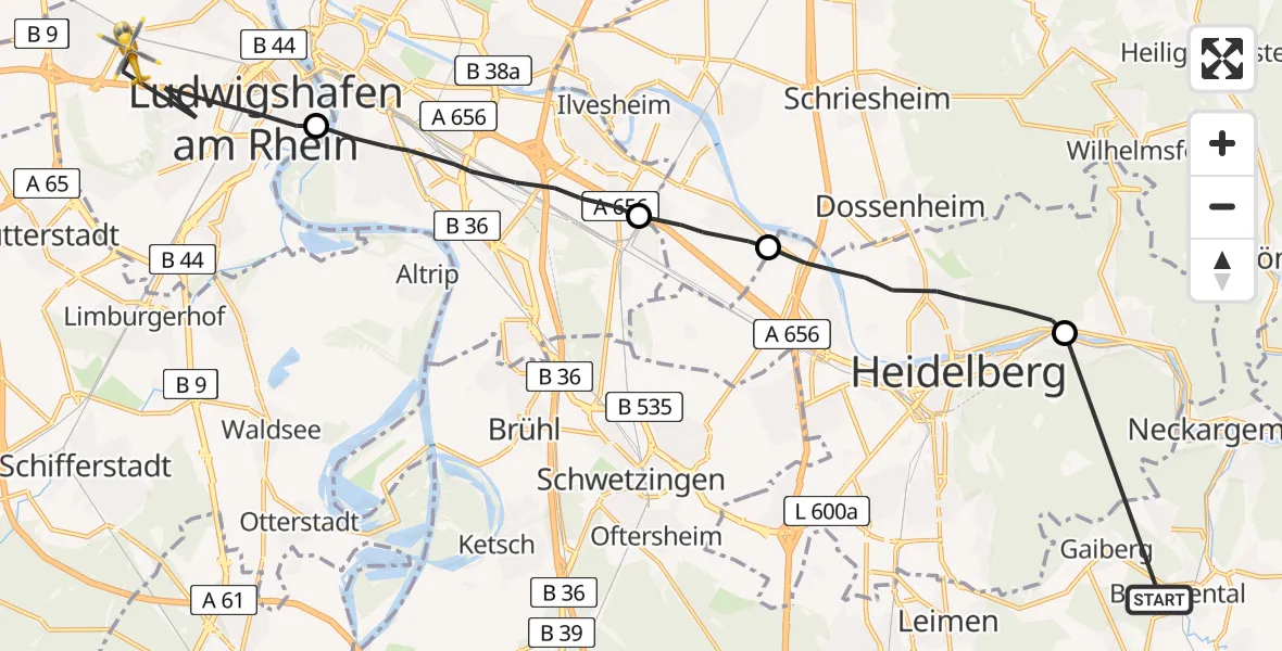 Flugroute Rettungshubschrauber Bammental - Ludwigshafen Accident Hospital, 24 April 2026, 15:42