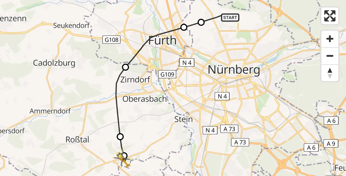 Flugroute Rettungshubschrauber Flughafen Nuremberg - Roßtal, 24 April 2026, 15:45