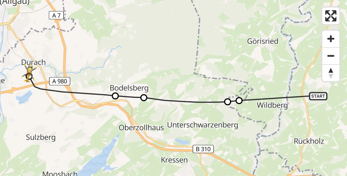 Flugroute Rettungshubschrauber Rückholz - Kempten-Durach Flugplatz, 24 April 2026, 15:47