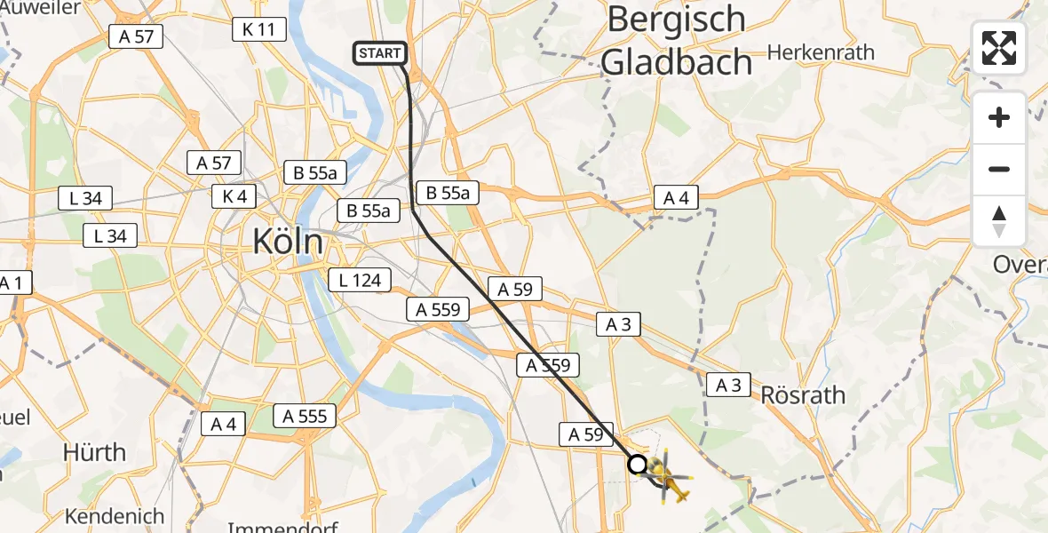 Flugroute Rettungshubschrauber Köln - Köln Bonn Flughafen, 24 April 2026, 16:04
