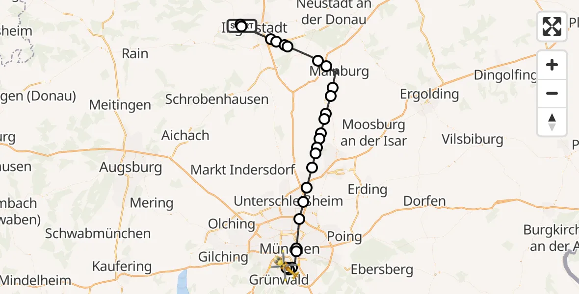 Flugroute Rettungshubschrauber Ingolstadt Hospital - ADAC Air Rescue Center Hubschrauberlandeplatz (Christoph 1), 24 April 2026, 16:05