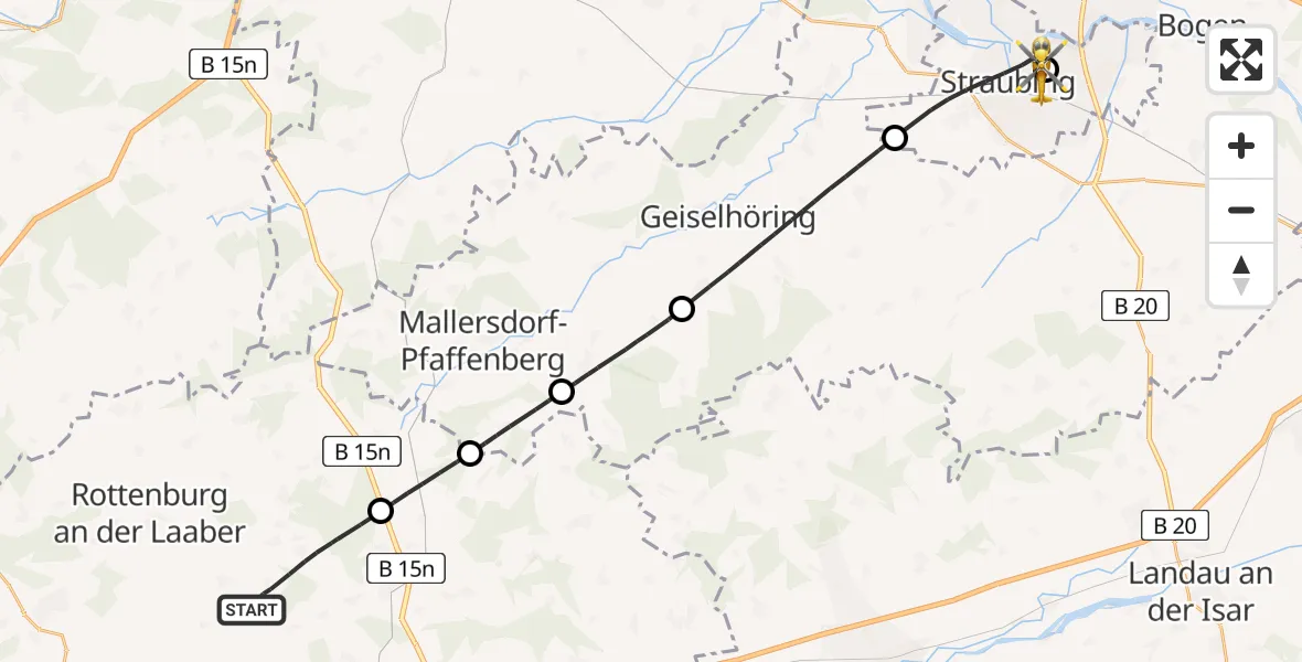 Flugroute Rettungshubschrauber Hohenthann - Sankt Elisabeth Hospital Straubing, 24 April 2026, 16:07