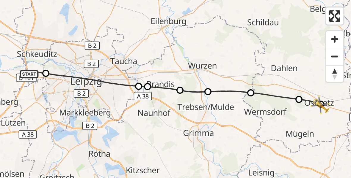 Flugroute Rettungshubschrauber Schkeuditz - Collm Klinik Oschatz Hubschrauberlandeplatz, 24 April 2026, 16:10