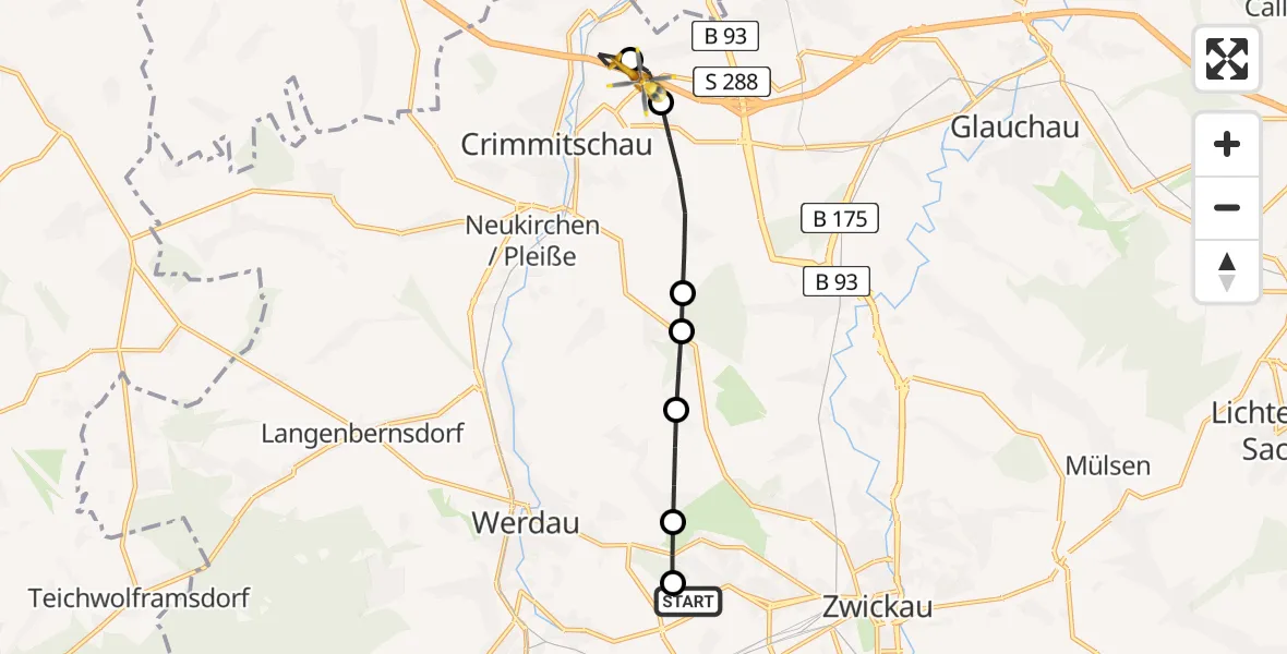 Flugroute Rettungshubschrauber ADAC Air Rescue Station Zwickau Hubschrauberlandeplatz - Meerane, 24 April 2026, 16:12