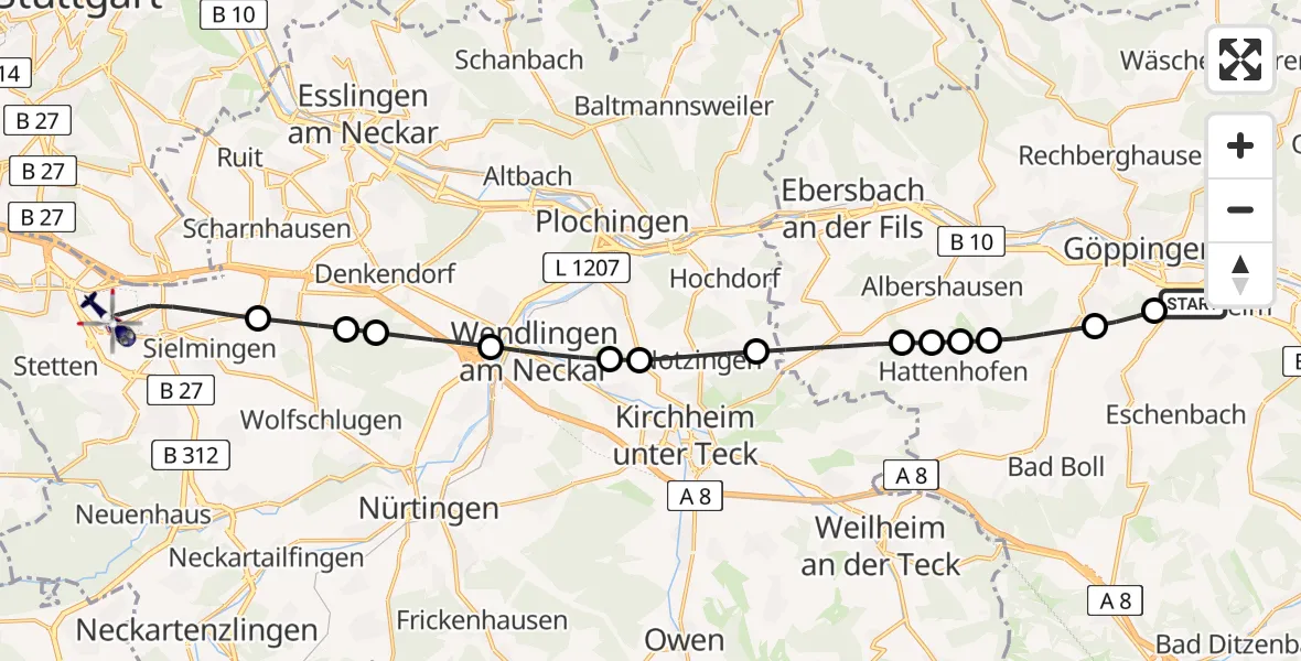 Flugroute Polizeihubschrauber Göppingen - Flughafen Stuttgart, 24 April 2026, 16:14