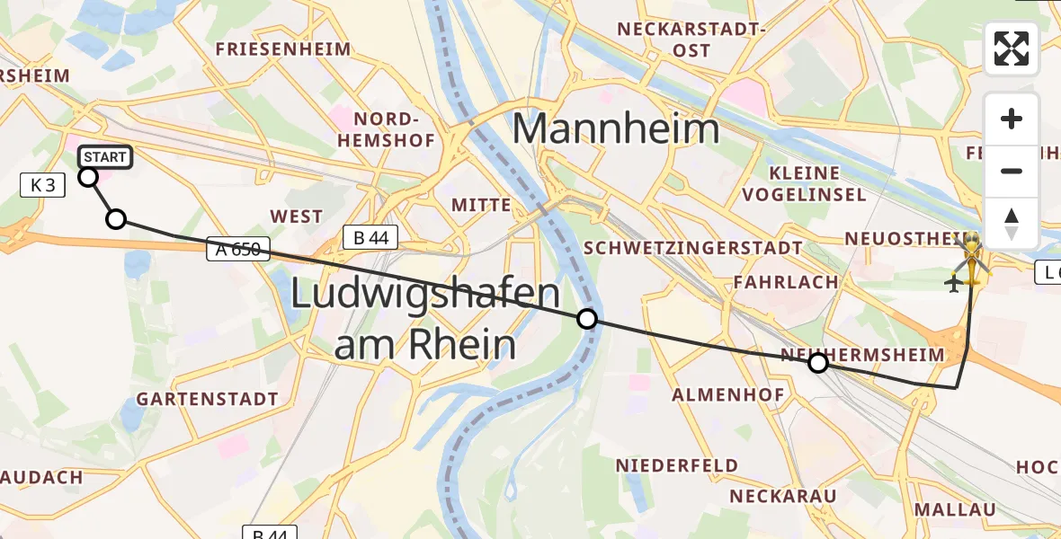 Flugroute Rettungshubschrauber Ludwigshafen Accident Hospital - Mannheim-City Flughafen, 24 April 2026, 16:24