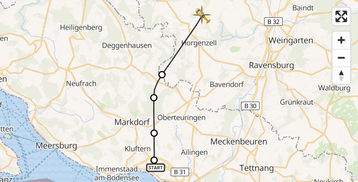 Flugroute Rettungshubschrauber Friedrichshafen Hospital - Horgenzell, 24 April 2026, 16:26