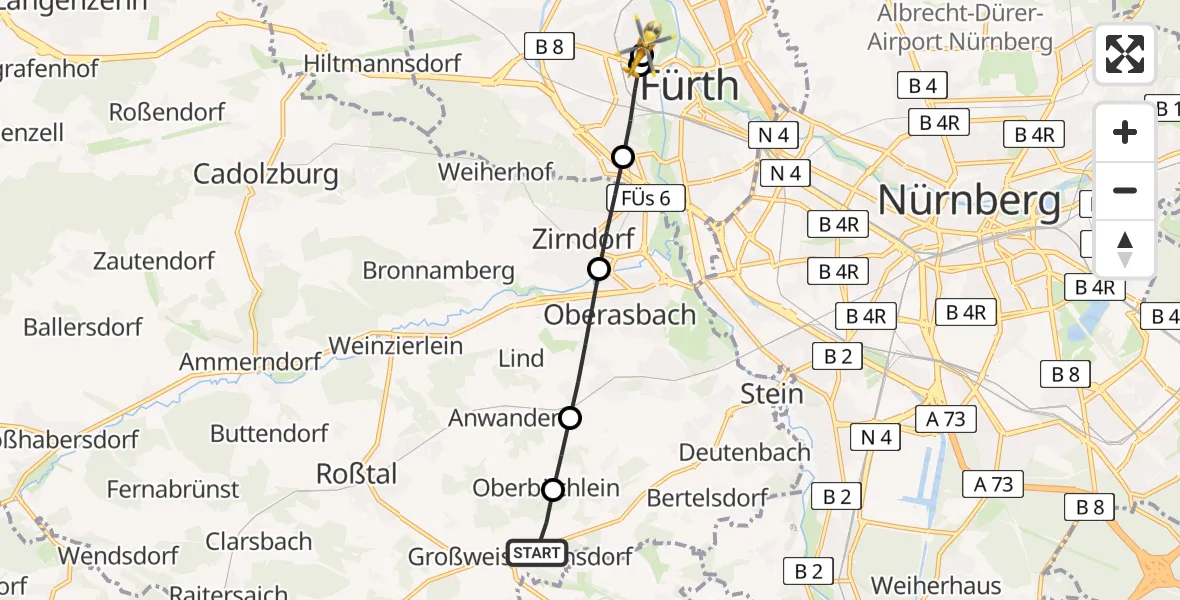 Flugroute Rettungshubschrauber Roßtal - Fürth Hospital, 24 April 2026, 16:26