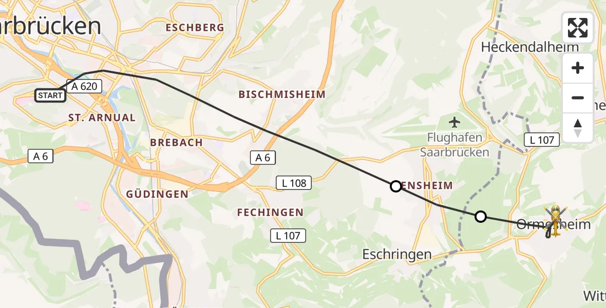 Flugroute Rettungshubschrauber Saarbrücken - Mandelbachtal, 24 April 2026, 16:31