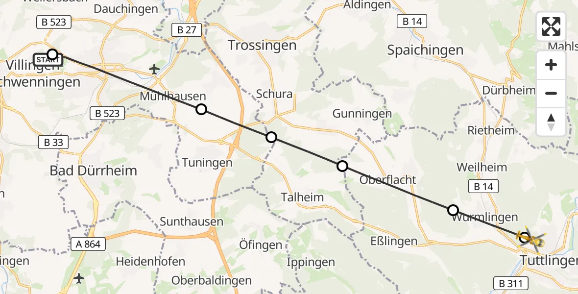 Flugroute Rettungshubschrauber DRF Air Rescue Station Villingen-Schwenningen Hubschrauberlandeplatz (Christoph 11) - Tuttlingen, 24 April 2026, 16:37