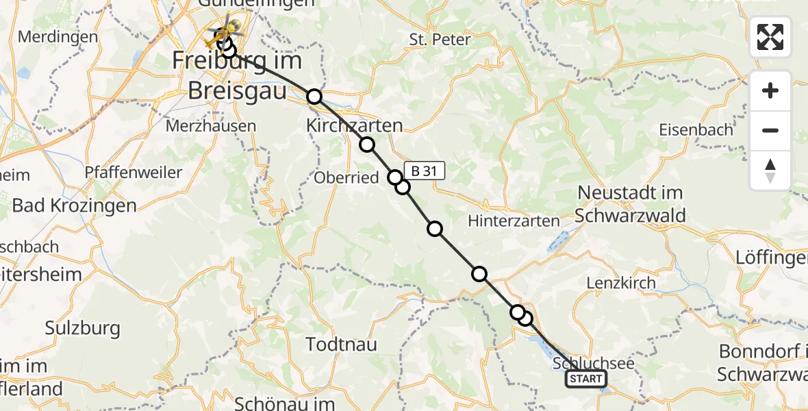 Flugroute Ambulanzhubschrauber Schluchsee - Freiburg im Breisgau Flugplatz, 24 April 2026, 16:41