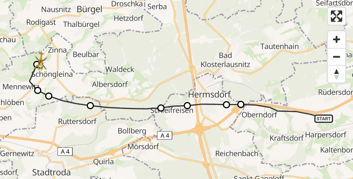 Flugroute Rettungshubschrauber Kraftsdorf - Jena-Schöngleina Flugplatz, 24 April 2026, 16:42
