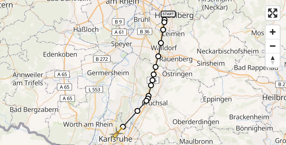 Flugroute Rettungshubschrauber Heidelberg - Karlsruhe, 24 April 2026, 16:44