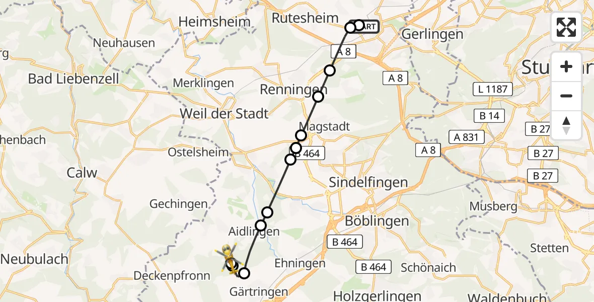 Flugroute Rettungshubschrauber Leonberg Hospital - Aidlingen, 24 April 2026, 16:48