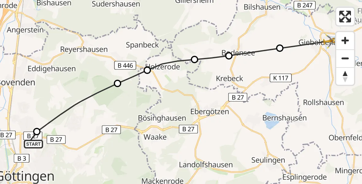 Flugroute Rettungshubschrauber Göttingen University Clinic Hubschrauberlandeplatz - Gieboldehausen, 24 April 2026, 16:52
