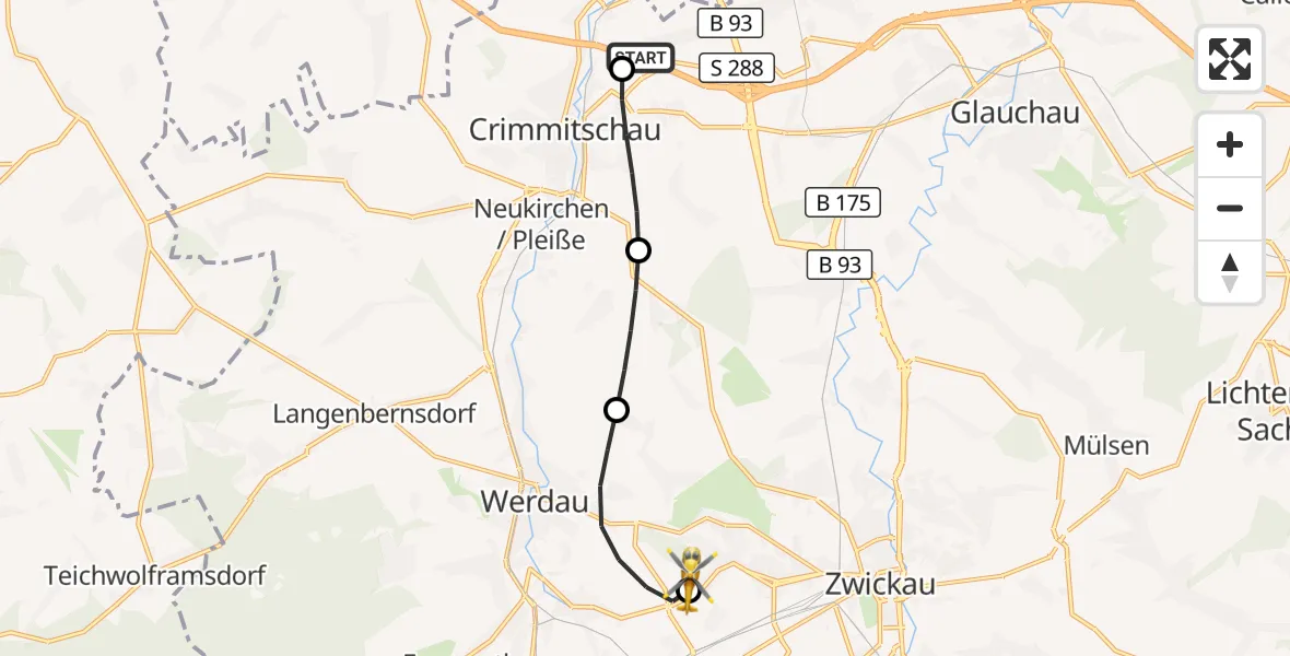 Flugroute Rettungshubschrauber Meerane - ADAC Air Rescue Station Zwickau Hubschrauberlandeplatz, 24 April 2026, 16:53