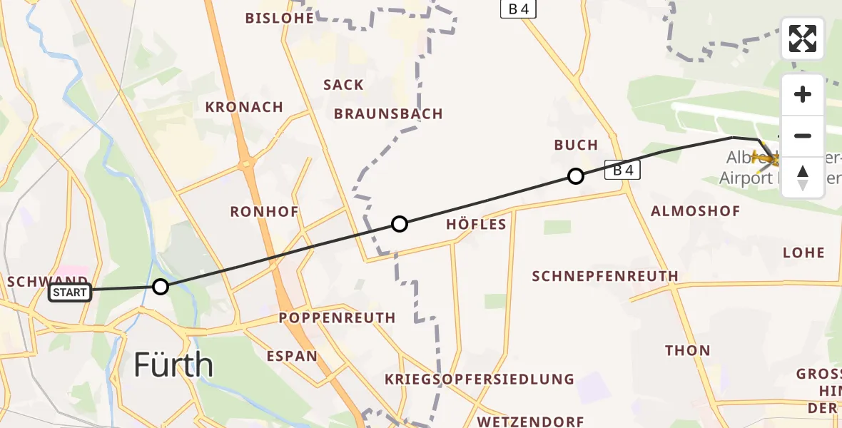 Flugroute Rettungshubschrauber Fürth Hospital - Flughafen Nuremberg, 24 April 2026, 17:06