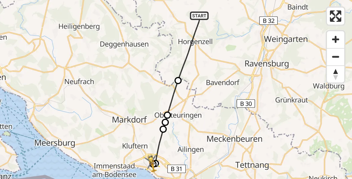 Flugroute Rettungshubschrauber Horgenzell - Friedrichshafen Hospital, 24 April 2026, 17:06