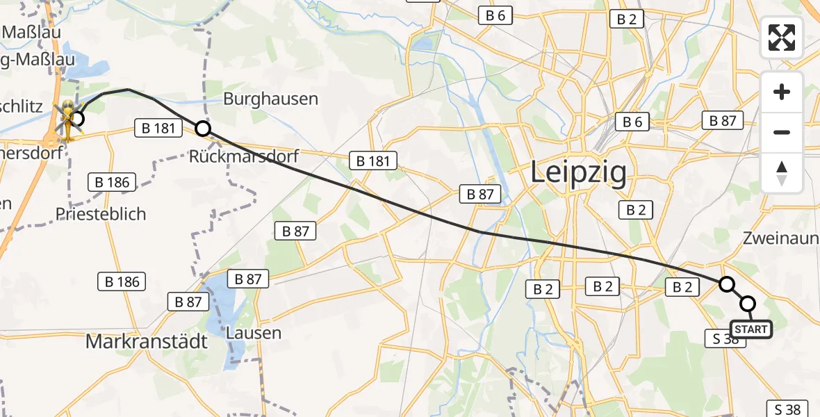 Flugroute Rettungshubschrauber Leipzig Heart Center Ground Hubschrauberlandeplatz - ADAC Air Rescue Station Leipzig/Schkeuditz-Dölzig Hubschrauberlandeplatz (Christoph 61), 24 April 2026, 17:12