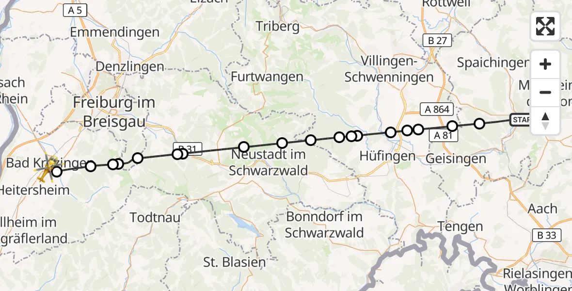 Flugroute Rettungshubschrauber Tuttlingen - Bad Krozingen, 24 April 2026, 17:12
