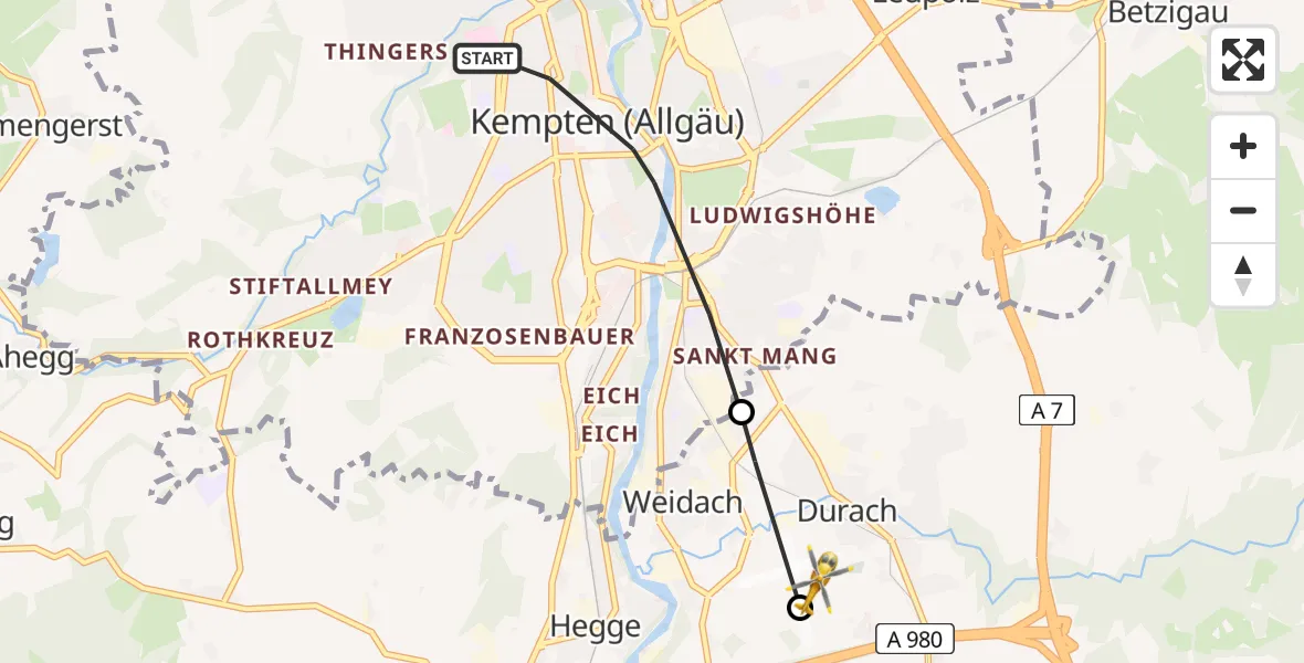 Flugroute Rettungshubschrauber Kempten (Allgäu) - Kempten-Durach Flugplatz, 24 April 2026, 17:18