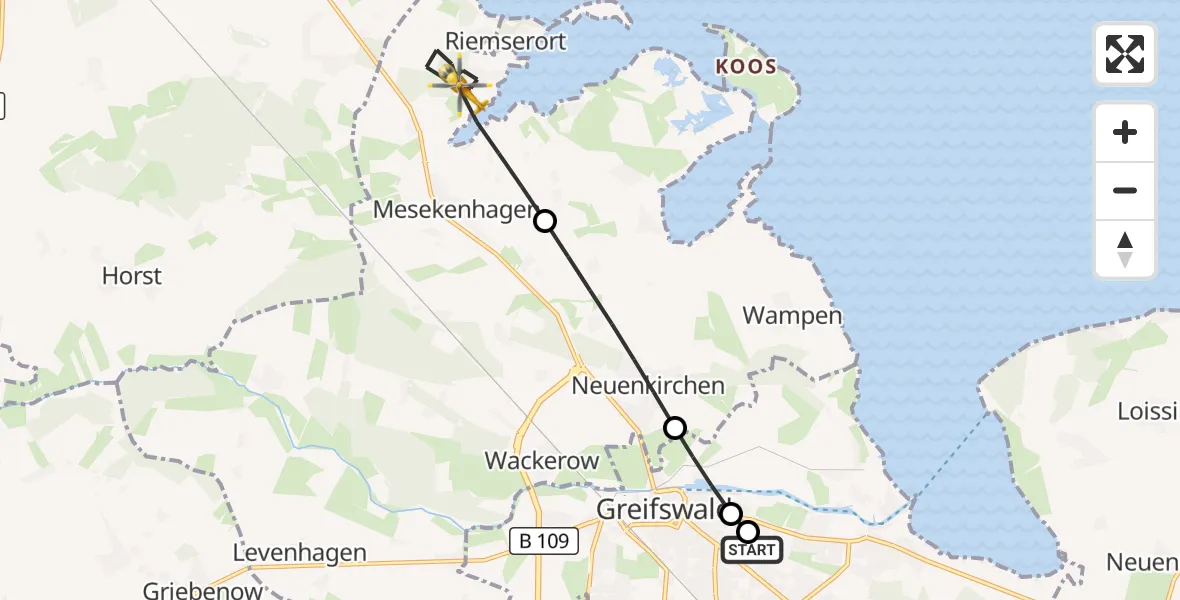 Flugroute Rettungshubschrauber Greifswald Hospital - Mesekenhagen, 24 April 2026, 17:23