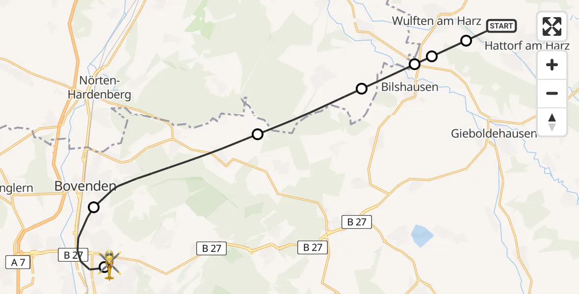 Flugroute Rettungshubschrauber Hattorf am Harz - Göttingen University Clinic Hubschrauberlandeplatz, 24 April 2026, 17:46
